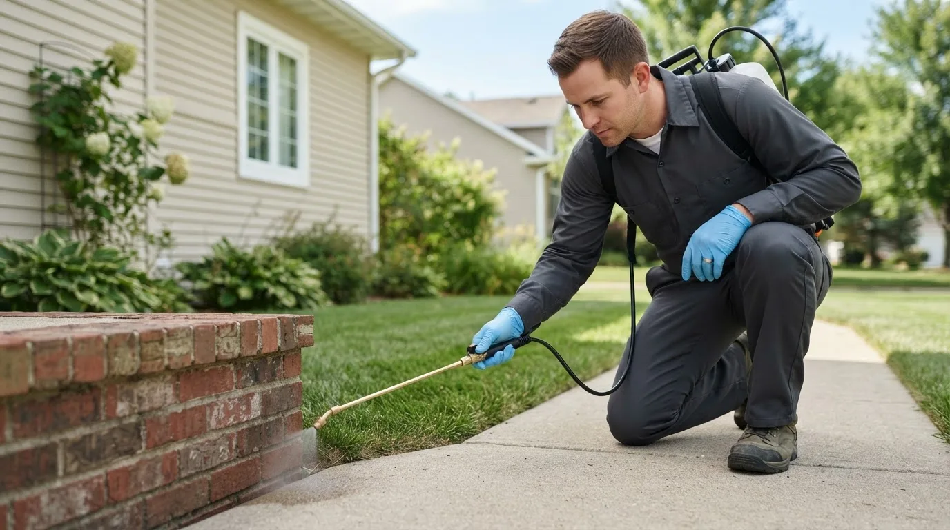 Pest control technician treating a home near Graettinger, IA