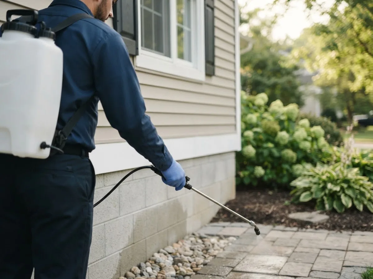 Pest control technician inspecting a home in Graettinger, IA